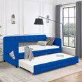 Blue Upholstered Twin Size Daybed With Trundle, Velvet Fabric, No Box Spring Required, Comfortable And Simple Design Models Box Spring Not Required Twin Blue Wood Espresso Bedroom Artsy,Classic,Retro Rubberwood Fiber Foam And Polyester Fiber Pad Velvet