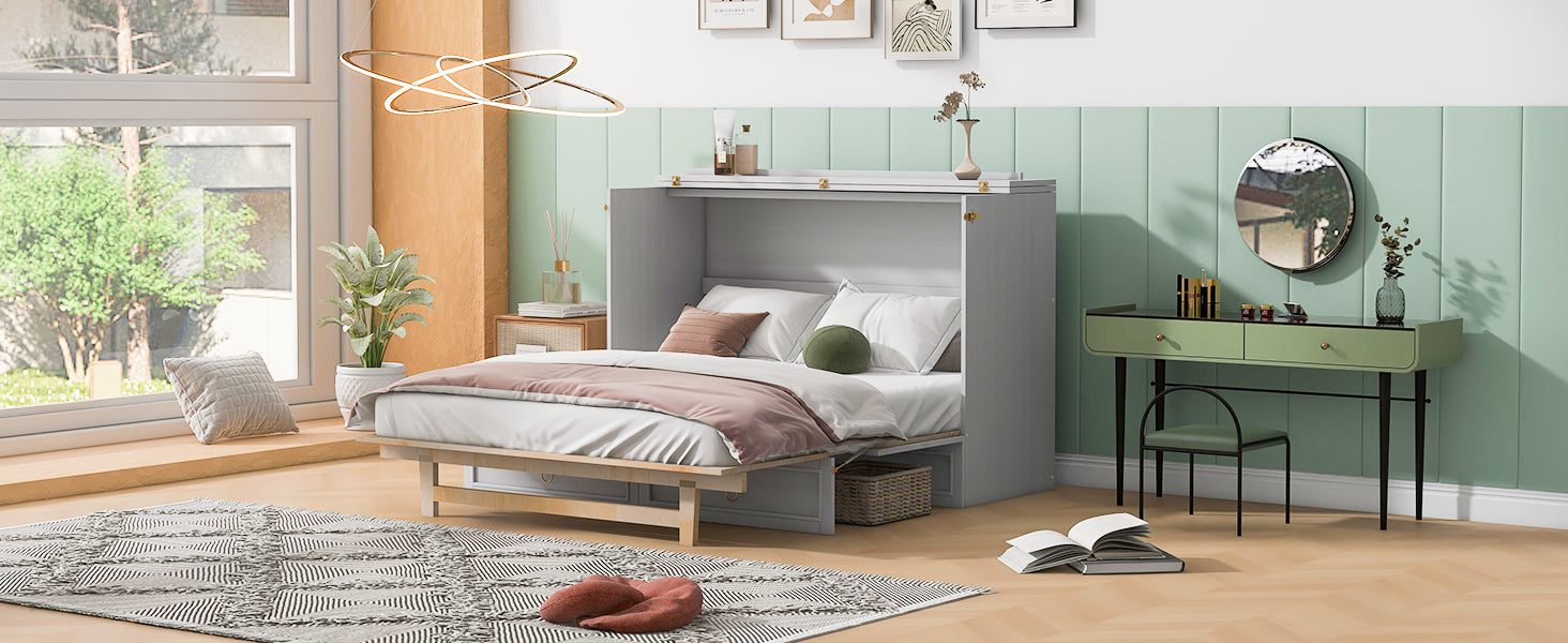 Queen Murphy Bed With Large Drawers,White Queen White Plywood