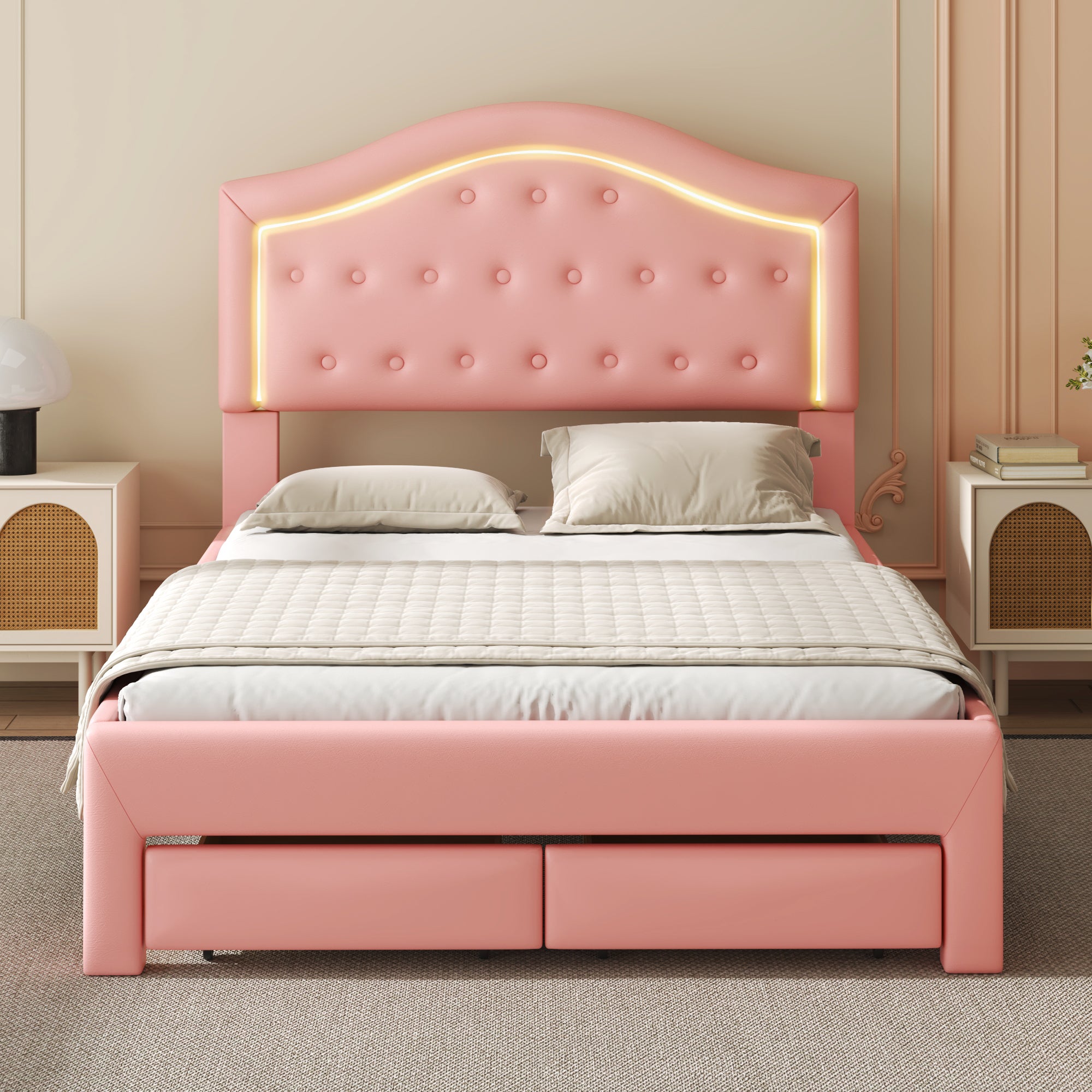 Full Size Upholstered Platform Bed With Tufted Headboard, Led And 2 Drawers, Pink Box Spring Not Required Full Pink Wood Bathroom Bed Frame Faux Leather Upholstered
