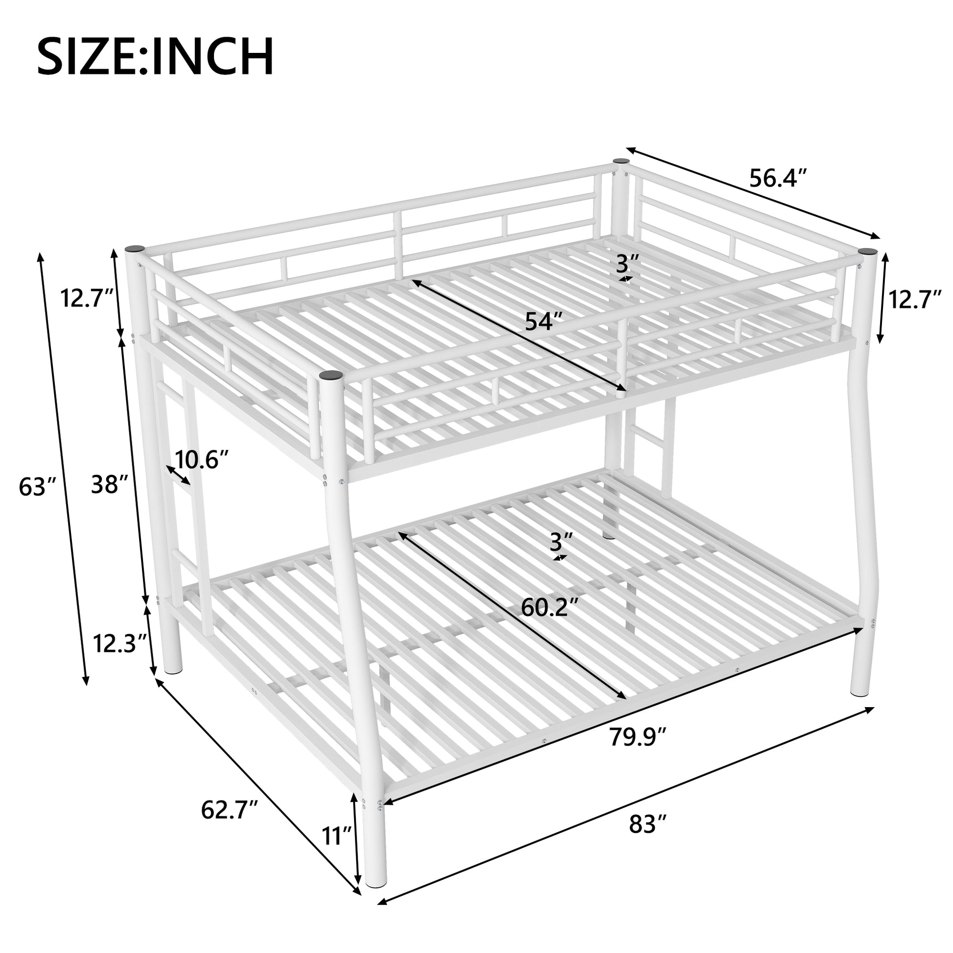 Full Xl Over Queen Metal Bunk Bed With Ladder And Guardrails, White Box Spring Not Required Full Xl White Metal Metal