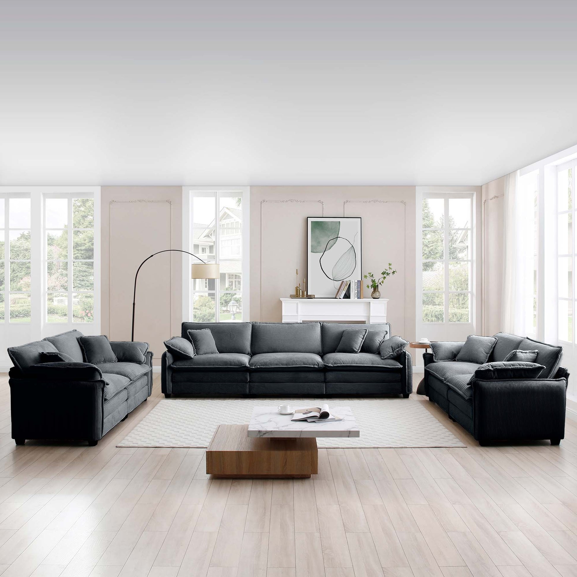 Modern Living Room Sofa 3 Pieces Set, Two 2 Seater Sofas And One 3 Seater Sofas, Upholstery Large Deep Seat Sofa With Sofat Cushion And Pillowss,Grey Corduroy Grey Corduroy 7 Seat