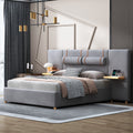 Queen Upholstered Platform Bed, Two Outlets And Usb Charging Ports On Both Sides, Two Bedside Pillows, Storage Shelves, Velvet,Gray Queen Gray Mdf Lvl
