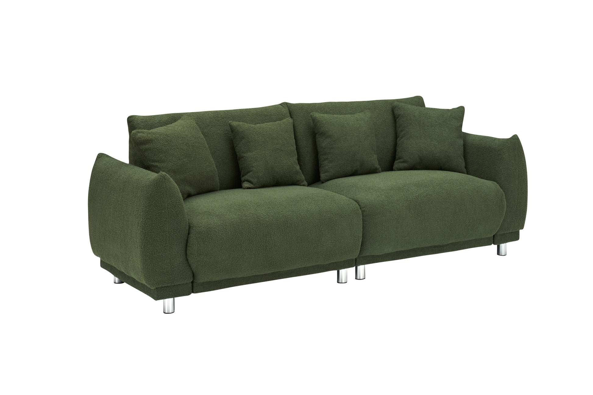 An 86.6 Inch Teddy Wool Black Sofa With Four Throw Pillows And Hardware Feet Makes It Comfortable To Sit In An Apartment Bedroom Without Taking Up Space Green Fabric 2 Seat