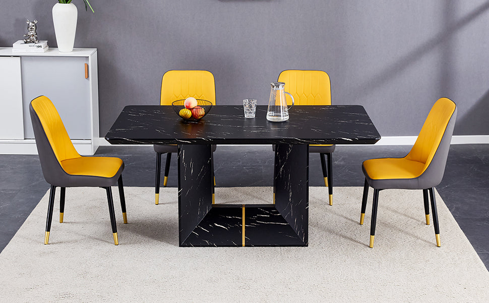 Table And Chair Set.This Modern Dining Table With Mdf Marbled Design Gives You A Luxurious And Elegant Feel.Paired With Multiple Chairs With Pu Artificial Leather Backrest Cushions And Black Legs. Yellow Black Seats 4 Mdf
