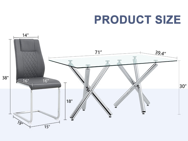 Table And Chair Set.Large Minimalist Rectangular Glass Dining Table For 6 8 With 0.39" Tempered Glass Tabletop And Silver Chrome Metal Legs.Paried With Comfortable Chairs With Pu Seats And Metal Legs. Silver Seats 8 Glass Metal