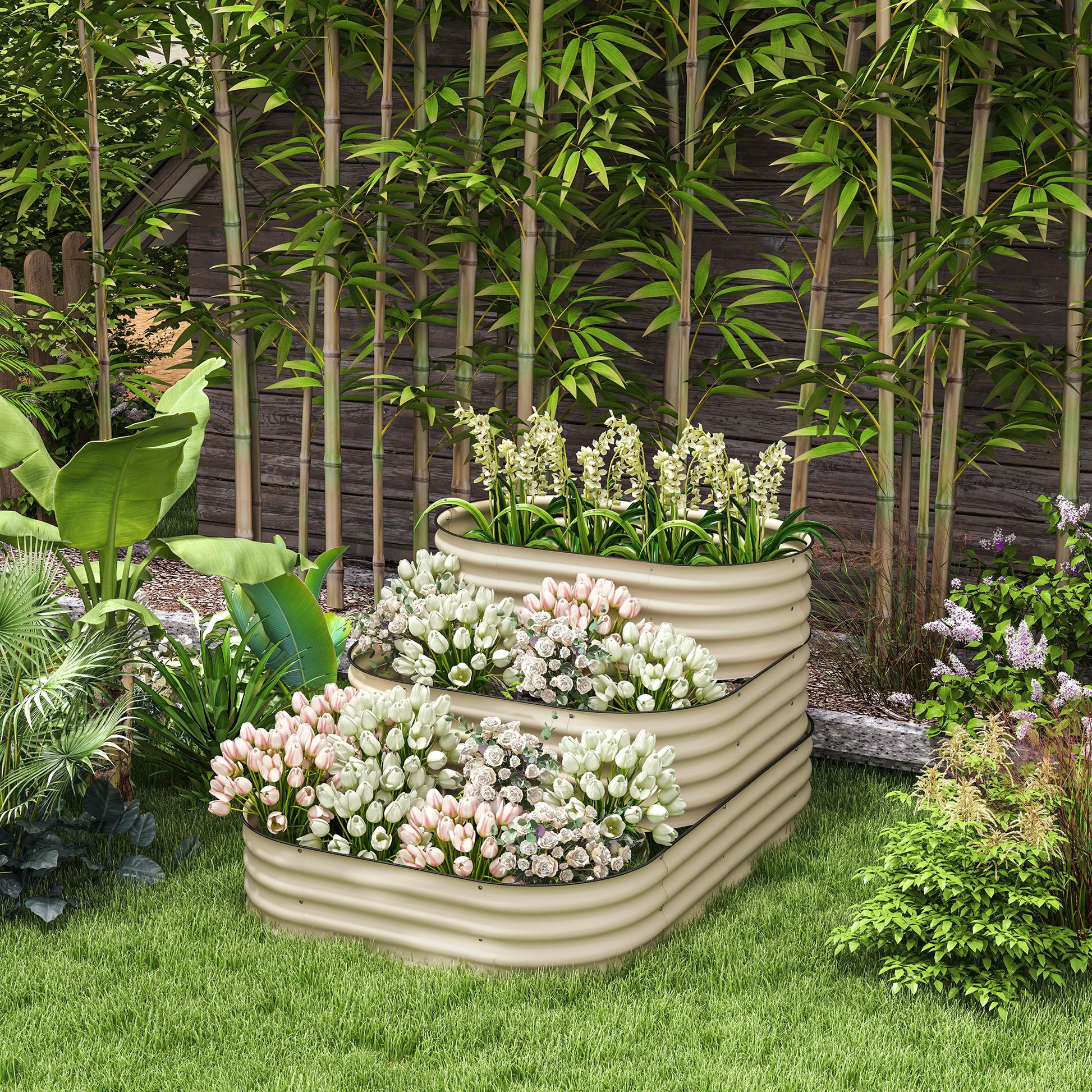 Outsunny 3 Tier Galvanized Steel Raised Garden Bed Kit, 62.25" X 43" X 32.25", 3 Combining Planter Boxes With Rubber Strip Edging, Open Bottom For Backyard, Garden, Patio, Cream White White Zinc