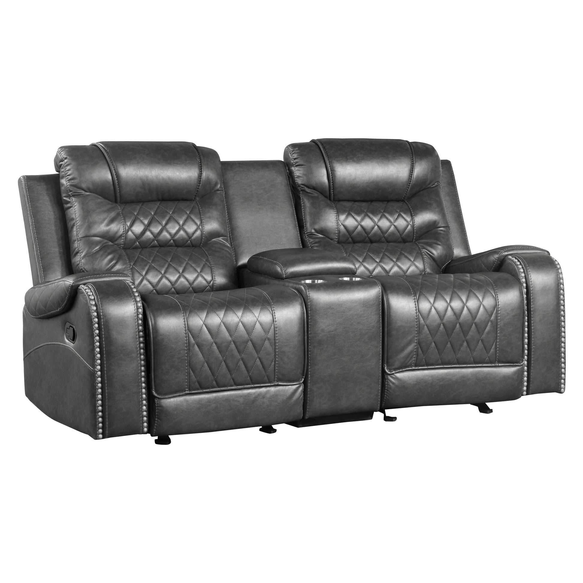 Luxurious Living Room Furniture 2Pc Reclining Sofa Set Grayfaux Leather Upholstery Center Drop Down Cup Holders, Power Outlets, Usb Ports, Diamond Pattern Stitching Gray Faux Leather Wood Primary Living Space Luxury,Modern Solid Wood 5 Seat