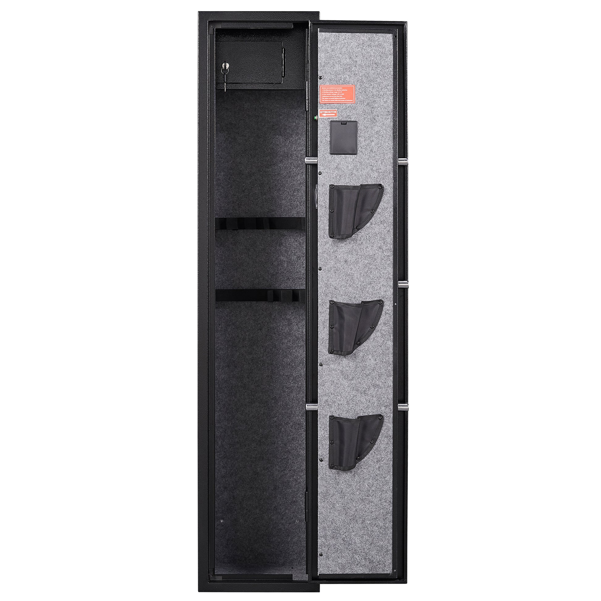 57'' Safe For Home Rifle And Pistols, Quick Access Electronic Keypad Rifle With 3 Pistol Pockets, Build In Cabinet ,Led Light,External Battery Cases And Alarm System Black Steel