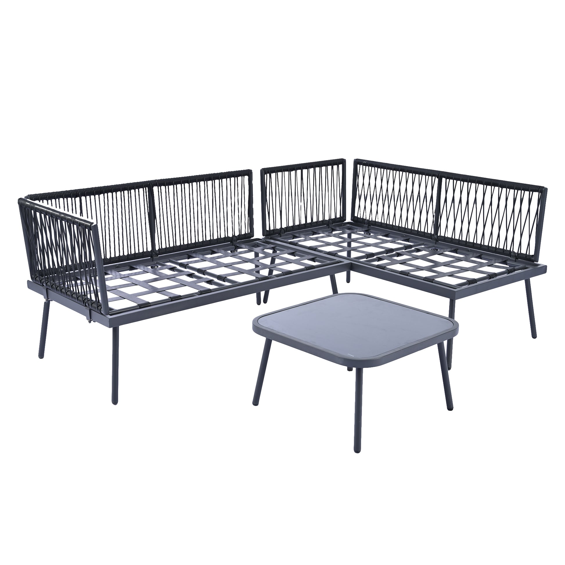 Modern Outdoor 3 Piece Pe Rattan Sofa Set All Weather Patio Metal Sectional Furniture Set With Cushions And Glass Table For Backyard, Poolside, Garden,Black,L Shaped Yes Sectional Black Seats 4 Weather Resistant Frame Water Resistant Cushion Garden &