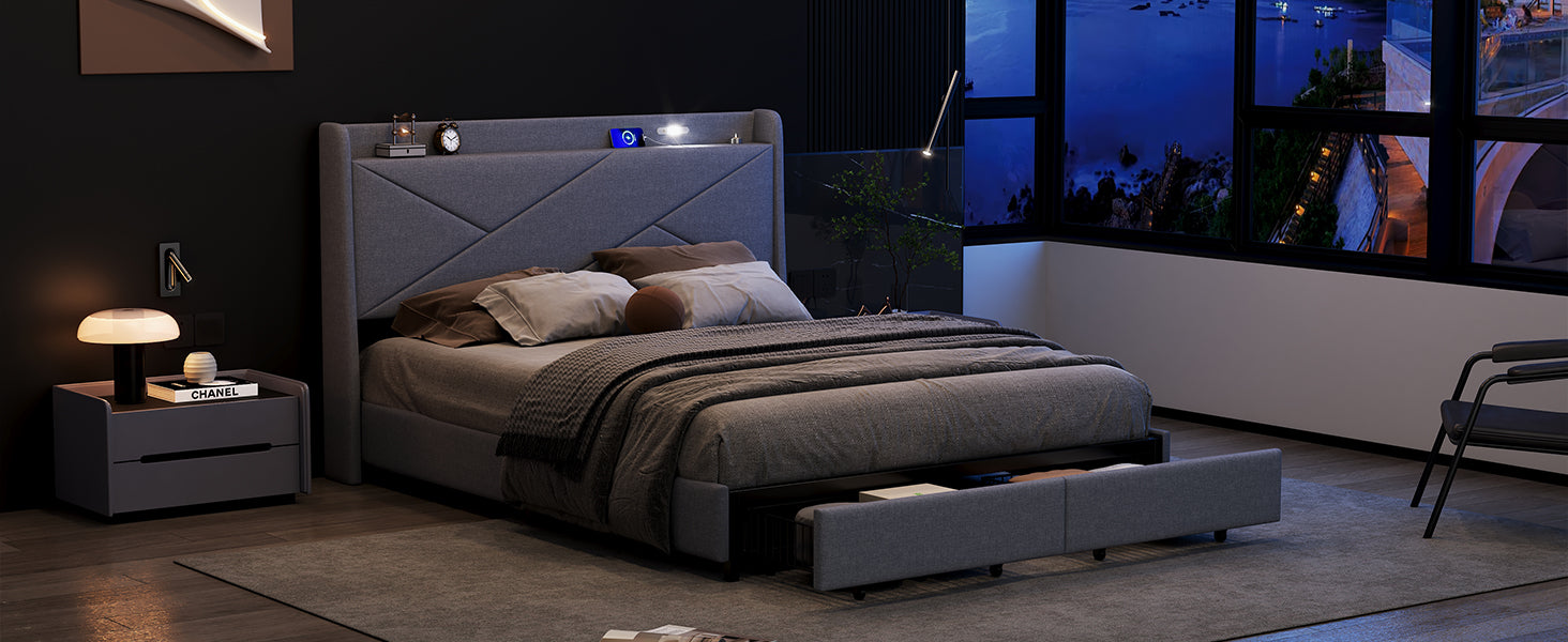 Queen Size Upholstery Platform Bed With Storage Headboard, Led, Usb Charging And 2 Drawers, Gray Queen Gray Upholstered