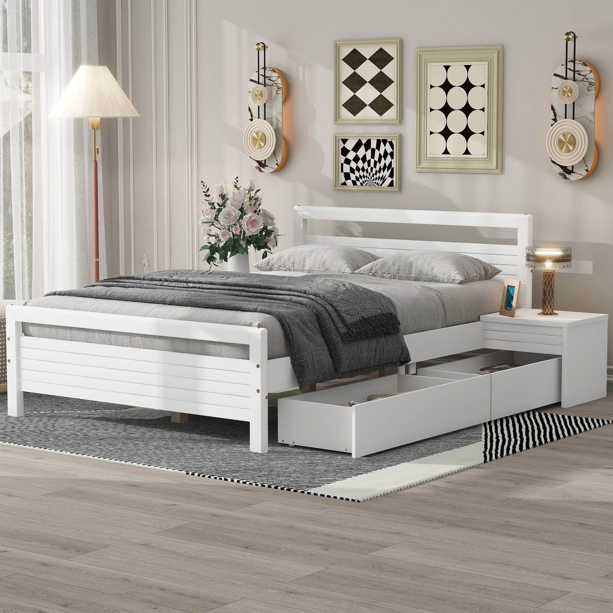 Full Size Wooden Platform Bed With 2 Storage Drawers And 2 Bedside Tables, White Full White Pine