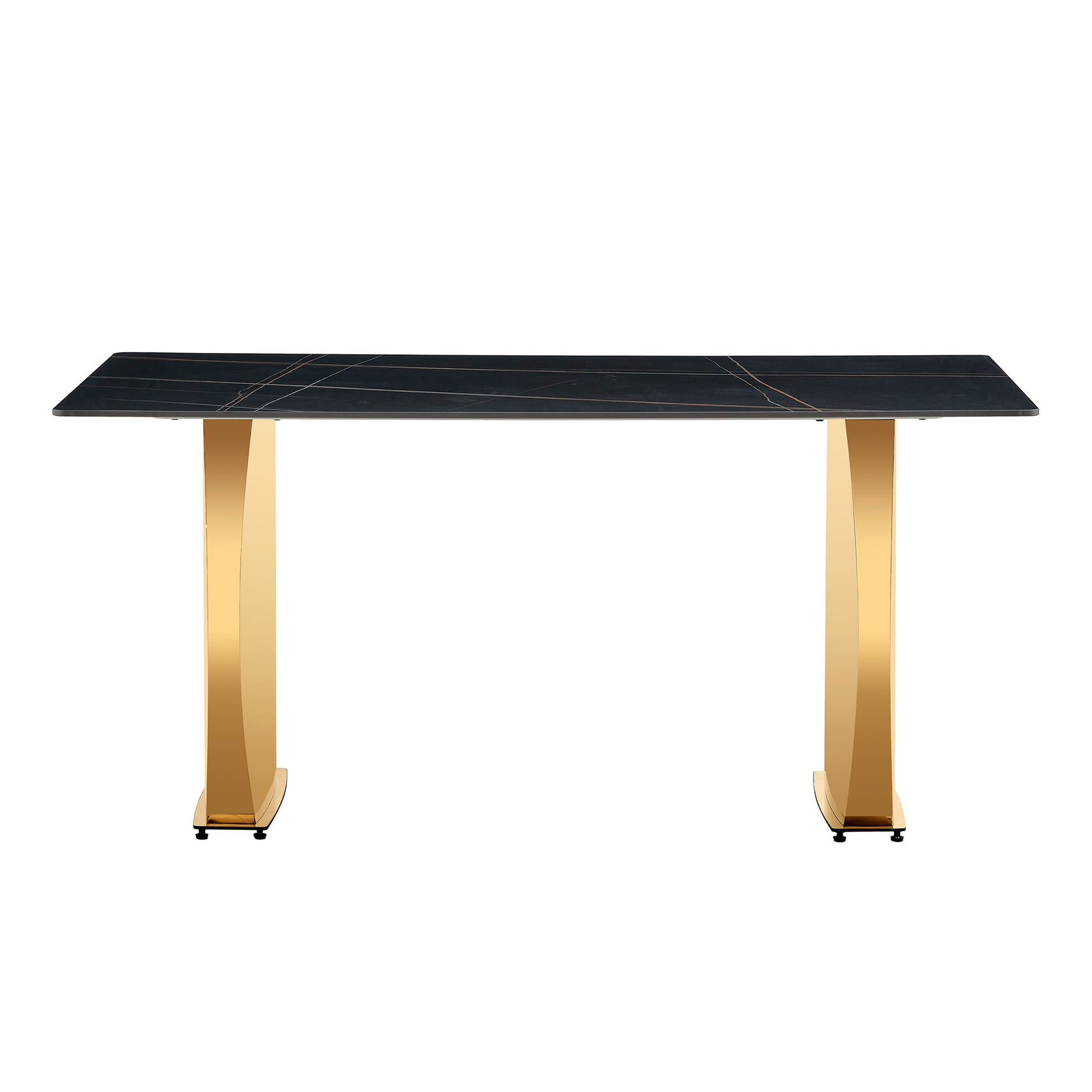 Modern Rectangular Table With 0.4 Inch Black Patterned Tabletop And Gold Legs, Suitable For Kitchen, Dining Room, And Living Room 63 Inches * 31.4 Inches * 30 Inches Gold Sintered Stone