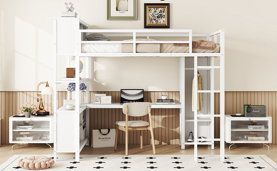 Metal Loft Bed With Wardrobe And L Shaped Desk, Full Size Loft Bed With Storage Cubes And Shelves, Heavy Duty Loft Bed For Kids Teens Adults, White Pre Sale Date: August 10Th Full Off White Metal