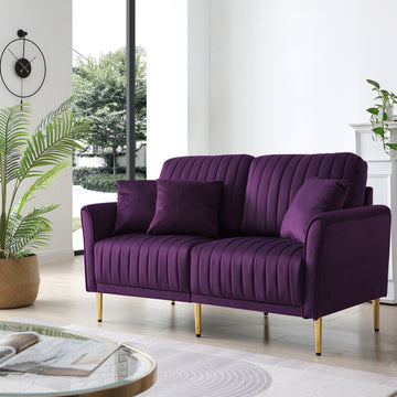 Eggplant Velvet Round Arm Loveseat 2 Seat Sofa With 2 Throw Pillows Purple Foam Velvet 2 Seat