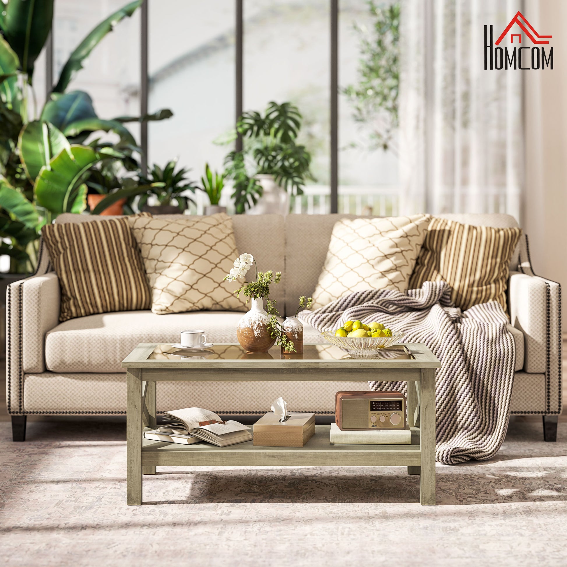 Homcom Glass Coffee Table, Modern Farmhouse Center Table With Storage, Side Table For Living Room With Classic X Bar Style Sides, Gray Gray Mdf