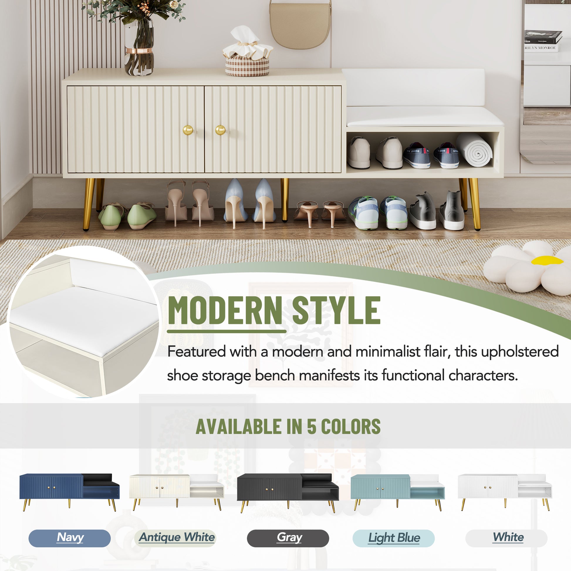 Modern Shoe Storage Bench With Hidden Storage And Upholstered Cushions For Bedside, Living Room And Entryway Antique White Antique White Mdf Metal