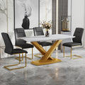 Table And Chair Set,Large Modern Minimalist Rectangular White Imitation Marble Dining Table With Mdf Top And Golden Legs,Dining Chairs,Gold Legged Upholstered Chairs Made Of Artificial Leather. Black Gold Seats 4 Mdf