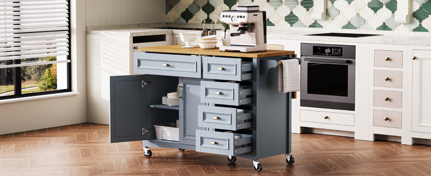 K&K 52'' Kitchen Island With Drop Leaf, Embossed Texture Kitchen Island On Wheels With Spice Rack, Towel Rack, 2 Doors And 5 Drawers, Kitchen Storage Cart With Adjustable Shelf For Kitchen, Blue