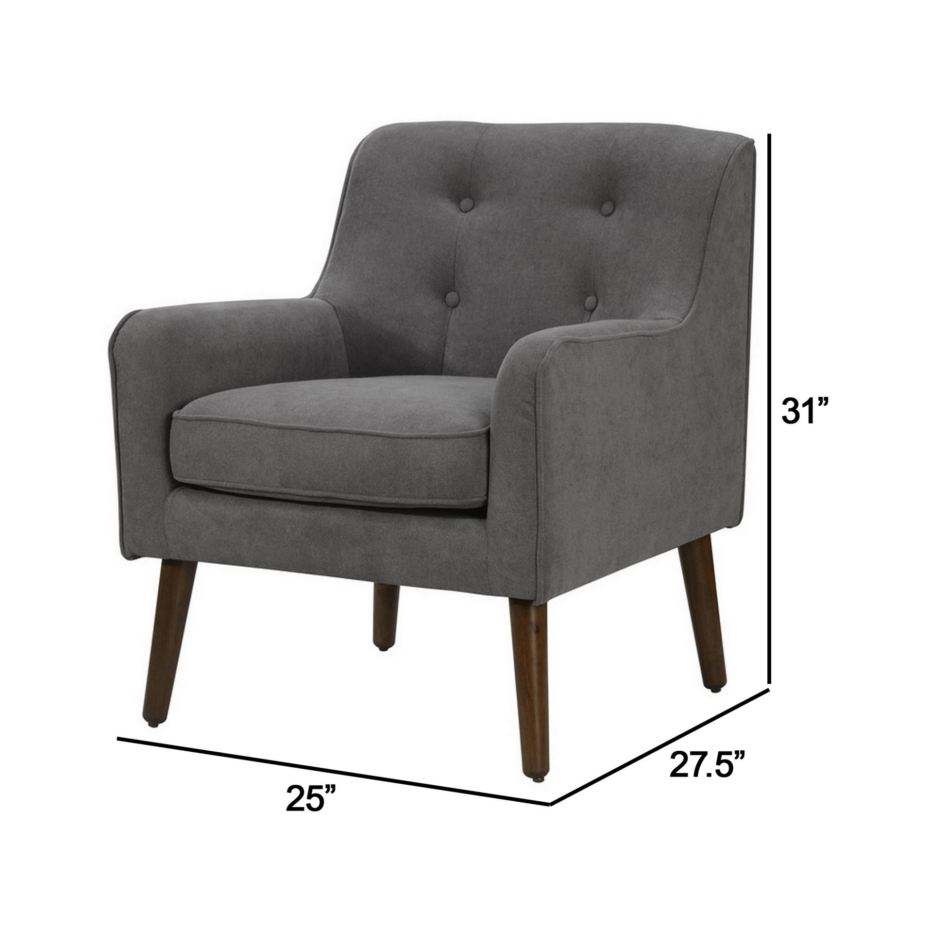 Kina 28 Inch Accent Chair, Gray Fabric, Button Tufted, Angled Wood Legs Gray Wood