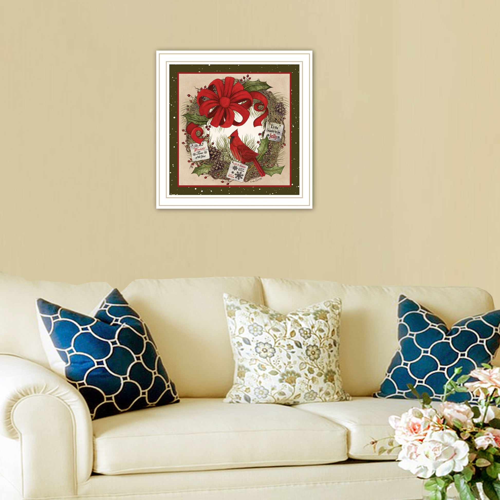 Cardinal Wreath White Framed Wall Art For Living Room, Bedroom Wall Art Print For Home Decor By Linda Spivey Multicolor Wood Paper