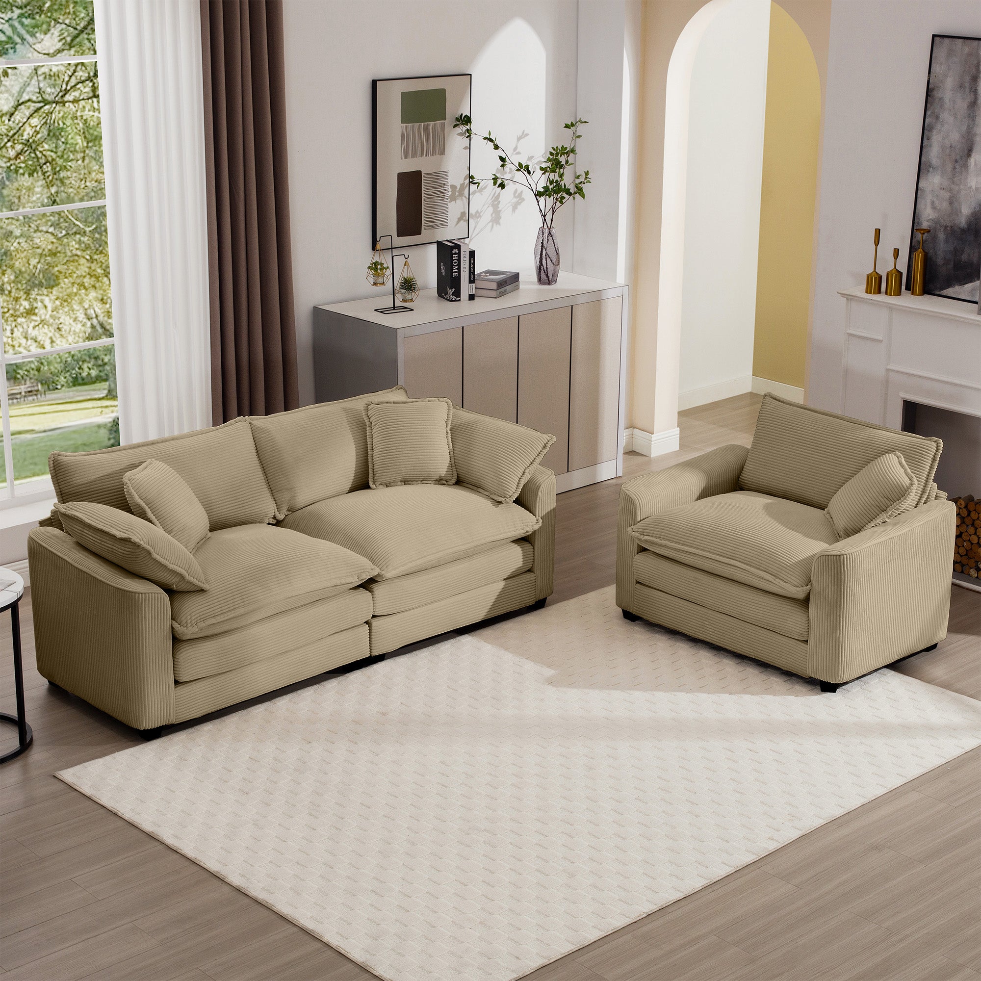 Modern Living Room Sofa Two Piece Set, Suitable For Living Room And Bedroom Sofa Set, Consists Of A Single Seat And A 3 Seater Sofas, Tan Corduroy Tan Corduroy 3 Seat
