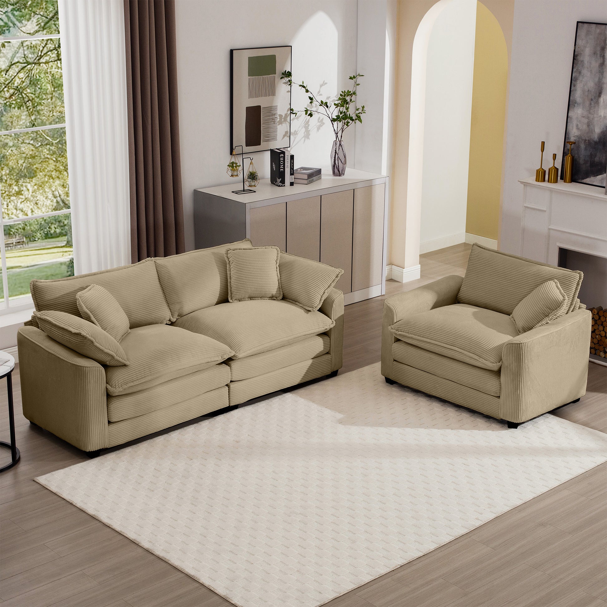 Modern Living Room Sofa Two Piece Set, Suitable For Living Room And Bedroom Sofa Set, Consists Of A Single Seat And A 3 Seater Sofas, Tan Corduroy Tan Corduroy 3 Seat
