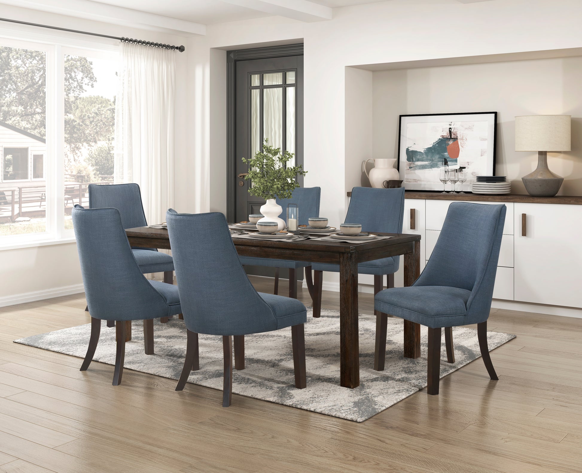 Blue Textured Fabric Upholstered Side Chairs Set Of 2, Dark Walnut Finish Wooden Legs Modern Dining Kitchen Furniture Blue Gray Dining Room Modern Side Chair Wood