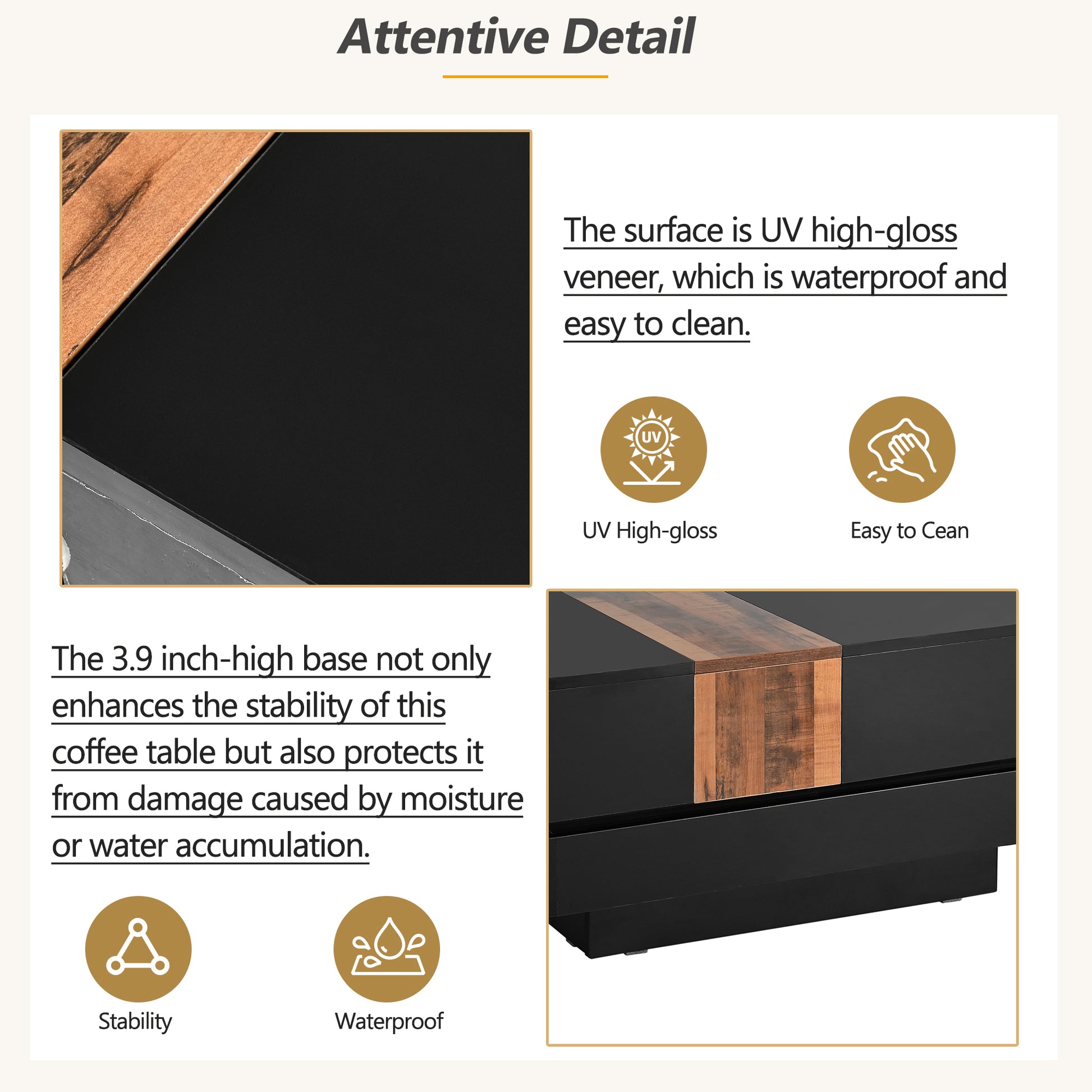 31.4'' X 31.4'' Square Coffee Table With Sliding Tabletop, High Gloss Center Table With Hidden Storage Compartment, Extendable Cocktail Table With Walnut Grain Finish For Living Room, Black Black Square Mdf