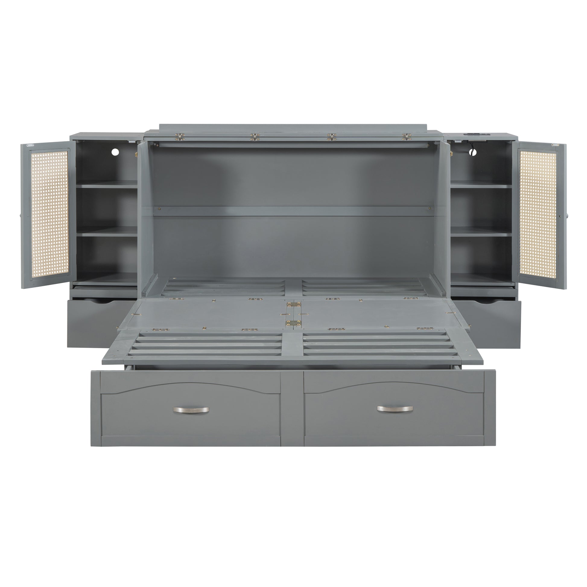 Queen Size Murphy Bed Wall Bed With Drawer And Rattan Decoration With 2 Storage Cabinets, One Set Of Sockets & Usb Ports, Pulley Structure Design, Gray Queen Gray Plywood