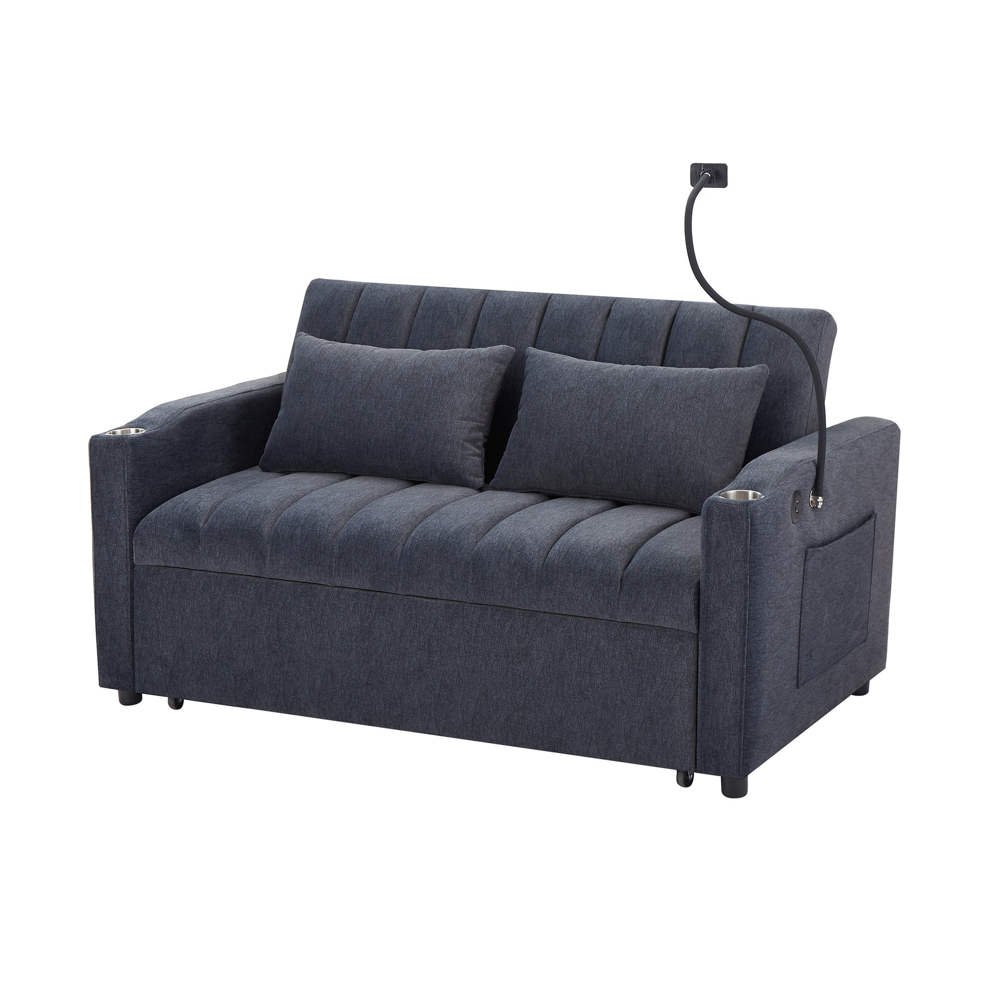 55.9" Convertible Sofa Bed Loveseat Sofa With Three Usb Ports, Two Side Pockets, Two Cup Holders And 360 Swivel Phone Holder For Living Room, Blue Grey Blue Gray Foam Polyester