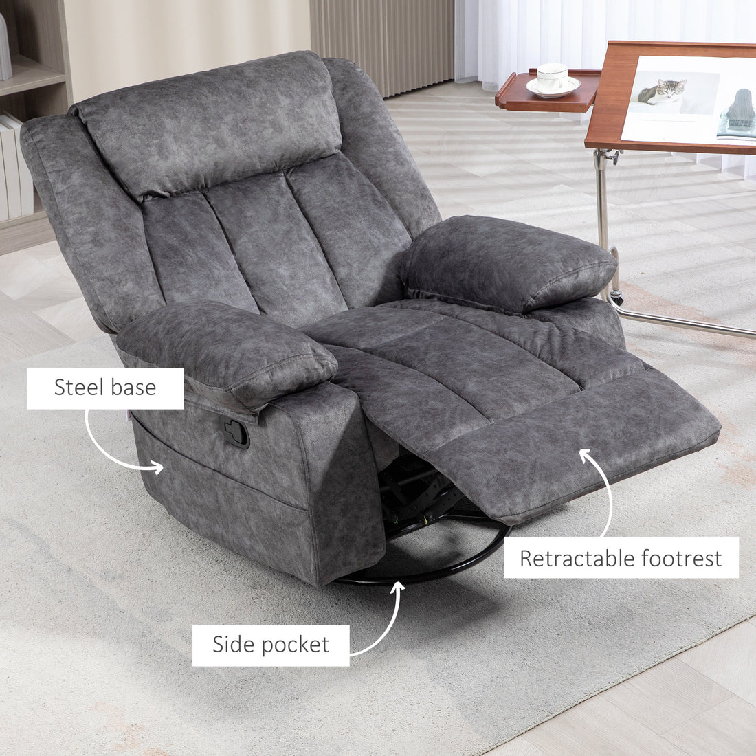 Homcom Swivel Rocker Recliner Chair For Living Room, Fabric Reclining Chair For Nursery, Rocking Chair With Footrest, Side Pockets, Charcoal Gray Charcoal Grey Polyester