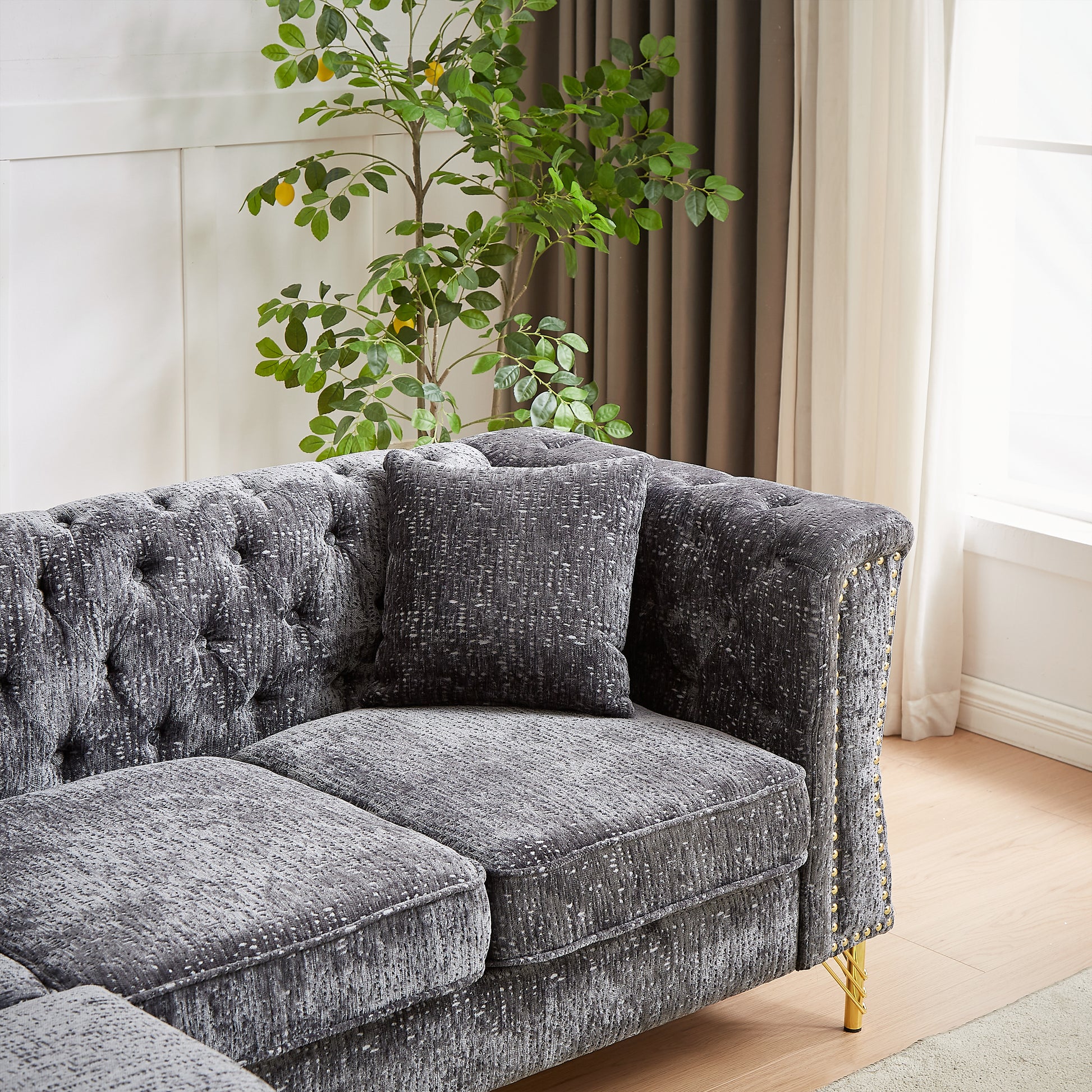 81.5 Inch Chenille Corner Sofal Shaped Sectional Couch, 5 Seater Corner Sofas With 3 Cushions For Living Room, Bedroom, Apartment, Office Grey Foam Chenille 5 Seat