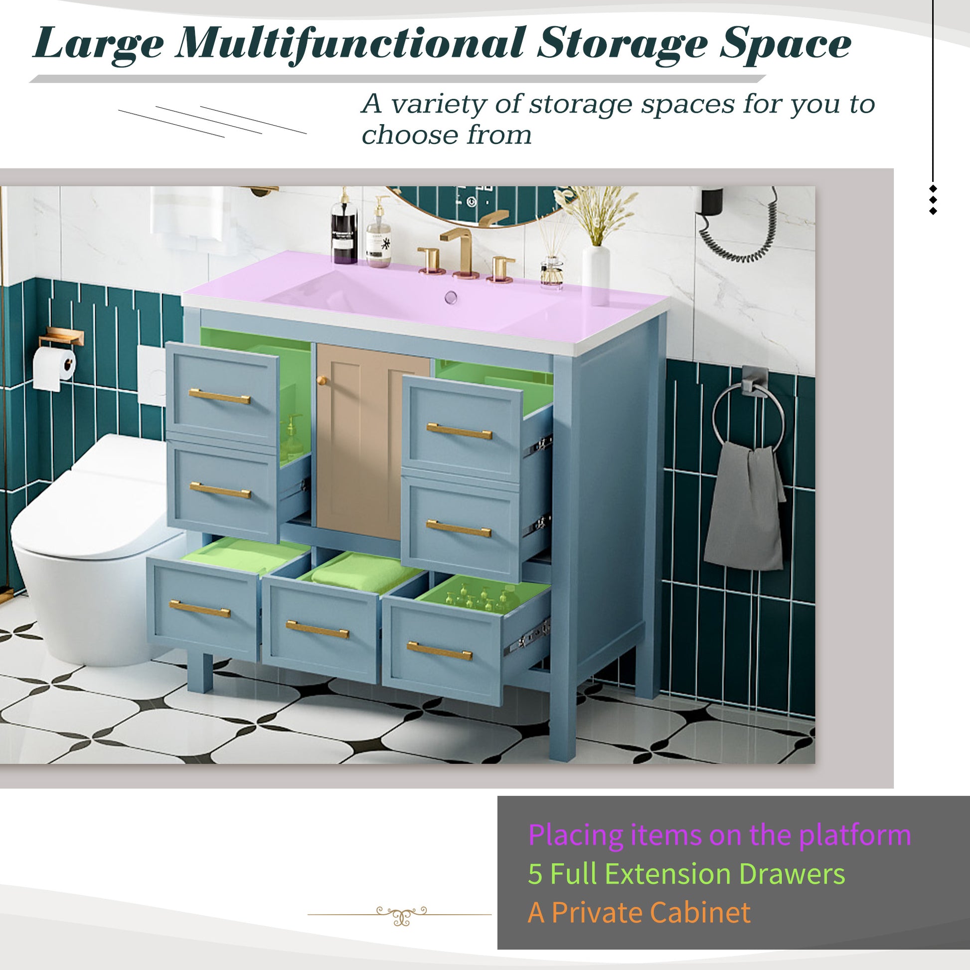 36'' Bathroom Vanity With Resin Sink Combo, Solid Wood Frame Bathroom Storage Cabinet, Freestanding Vanity Set With 5 Drawers& Soft Closing Doors Same As Sw000142Aam Blue Bathroom Solid Wood Mdf Resin