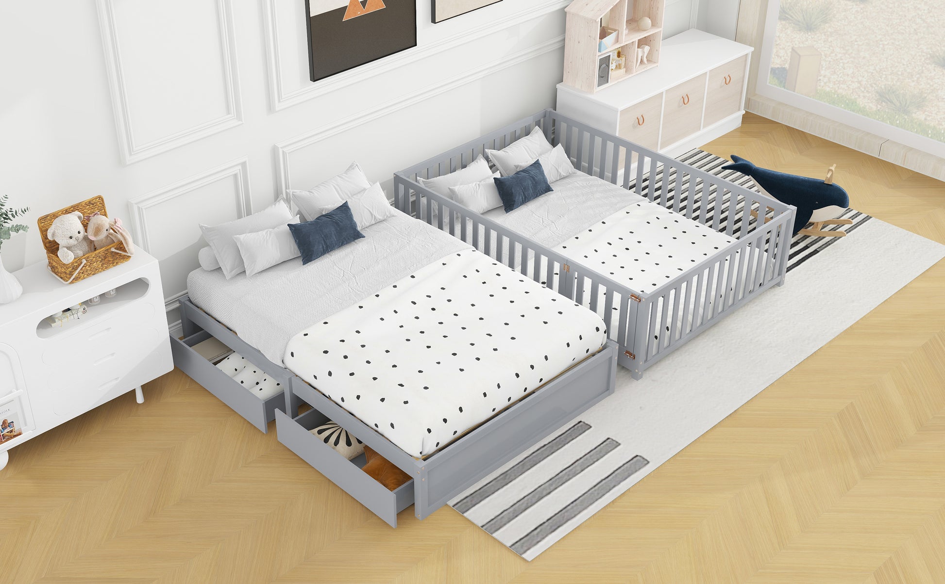 Full Size Wood Daybed With Fence Guardrails And 2 Drawers, Split Into Independent Floor Bed & Daybed, Gray Old Sku :Lp000882Aae Full Gray Solid Wood Mdf