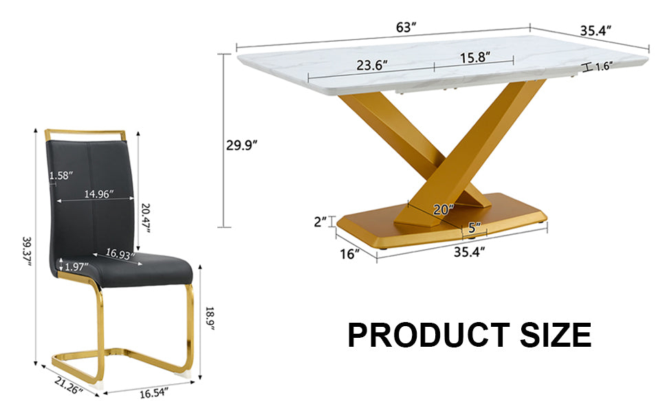 Table And Chair Set, The Table Is Equipped With A Marble Patterned Mdf Tabletop And Gold Table Legs.The Chair Is Equipped With Pu Synthetic Leather High Back Cushion And Gold Coated Metal Legs. Gold Black Seats 6 Mdf Metal