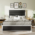 Queen Size Bed Frame With Upholstered Headboard, Queen Bed Frame With Charging Station And Led Lights, Wood Slats, Dark Gray Faux Leather & Rivets, No Box Spring Needed, Easy Assembly Box Spring Not Required Queen Antique White Gray Wood Bedroom Bed