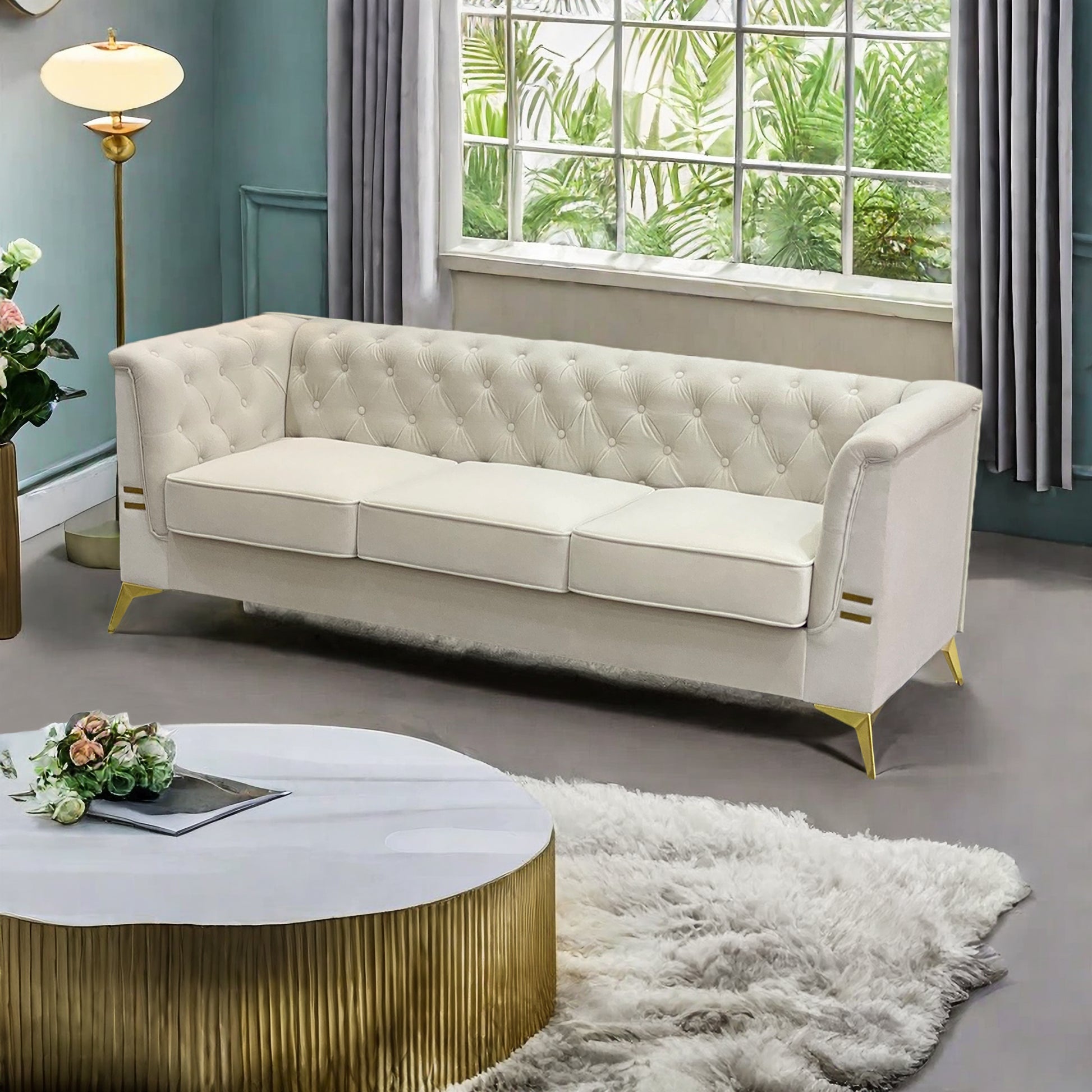 Fx P83 Cw Sofa Modern Velvet Living Room Chesterfield Design 82.7Inch Wide Sofa Cream White Color Beige Velvet 3 Seat