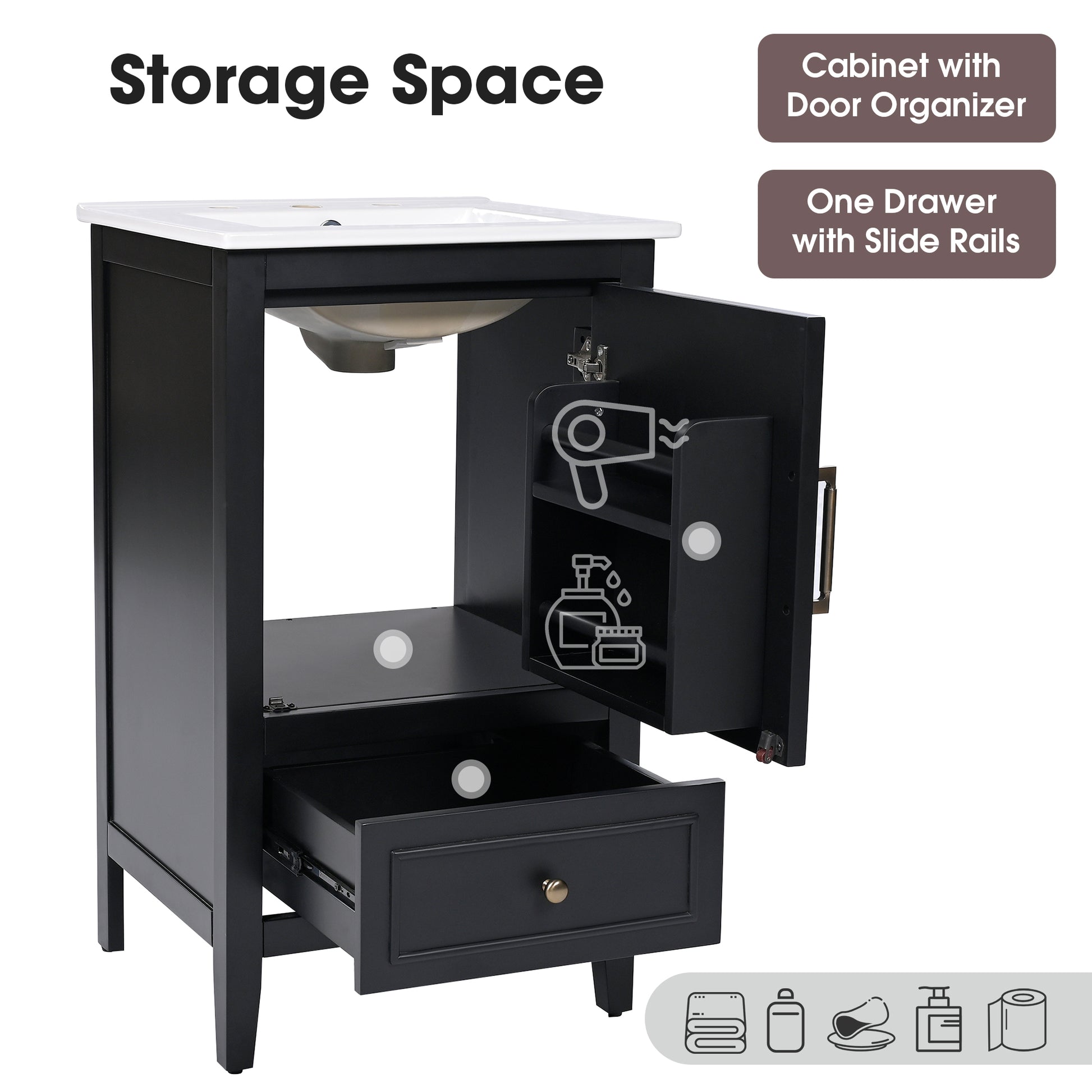 20" Bathroom Vanity With Sink, Bathroom Cabinet With A Door, Door Shelf Storage And Adiustable Foot Pads, A Drawer, Black Black Solid Wood Mdf