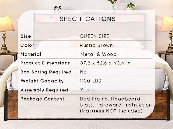 Lift Up Storage Bed Frame, Queen Size Bed Frame With Bookcase Headboard & Led Lights, Wooden Platform Bed Frame With Charging Station, No Spring Box Needed, Rustic Brown Box Spring Not Required Queen Rustic Brown Metal Brown Bedroom Industrial Bed Frame