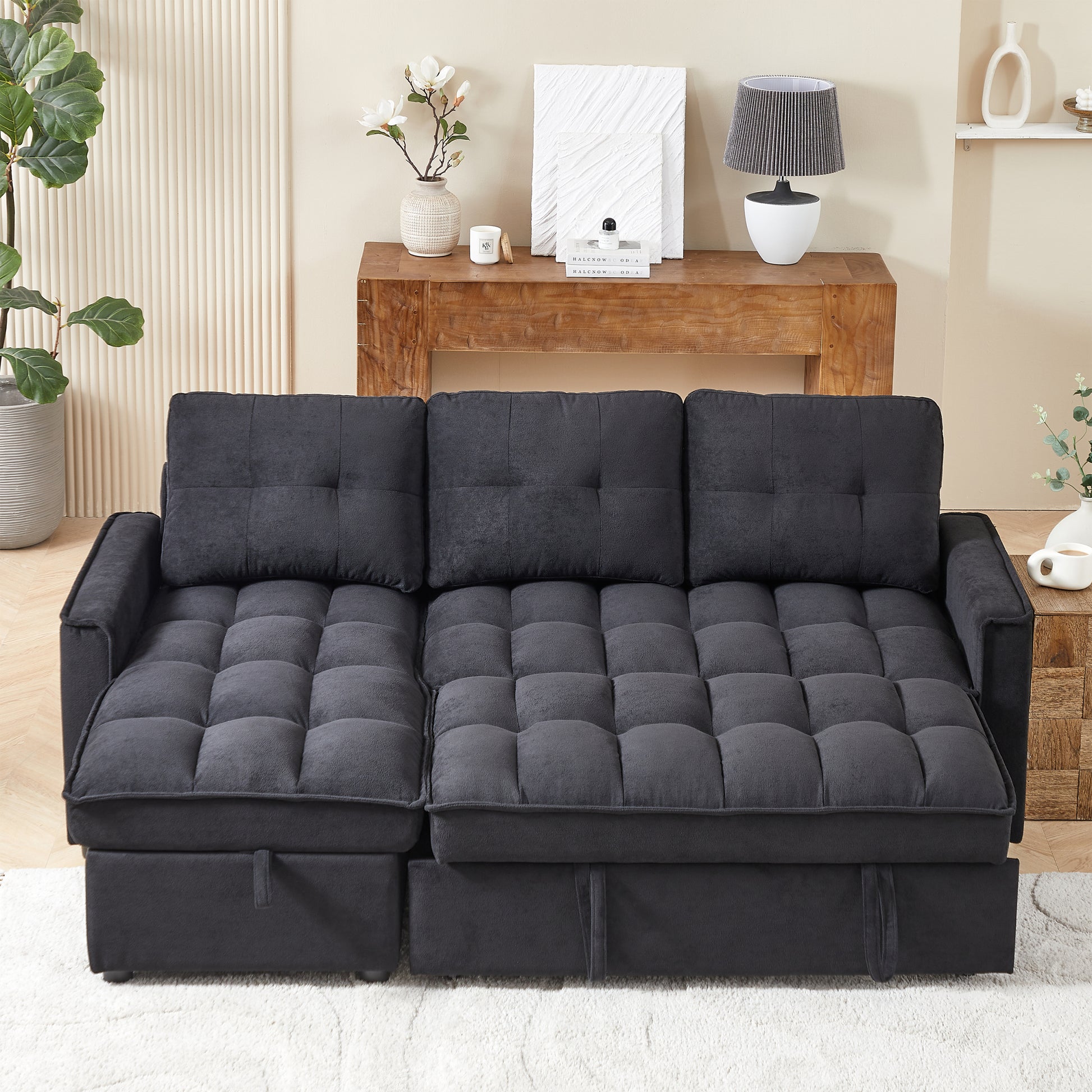 Mh 78.75" Reclining Sofa, Pull Out Sofa Bed With Usb And Tape C Charging Ports, L Shaped Sectional Sofa With Reclining Storage And Arm Side Organizer Pocket Features, Living Room Comfort Sofa Black Chenille Wood Primary Living Space Eucalyptus Foam