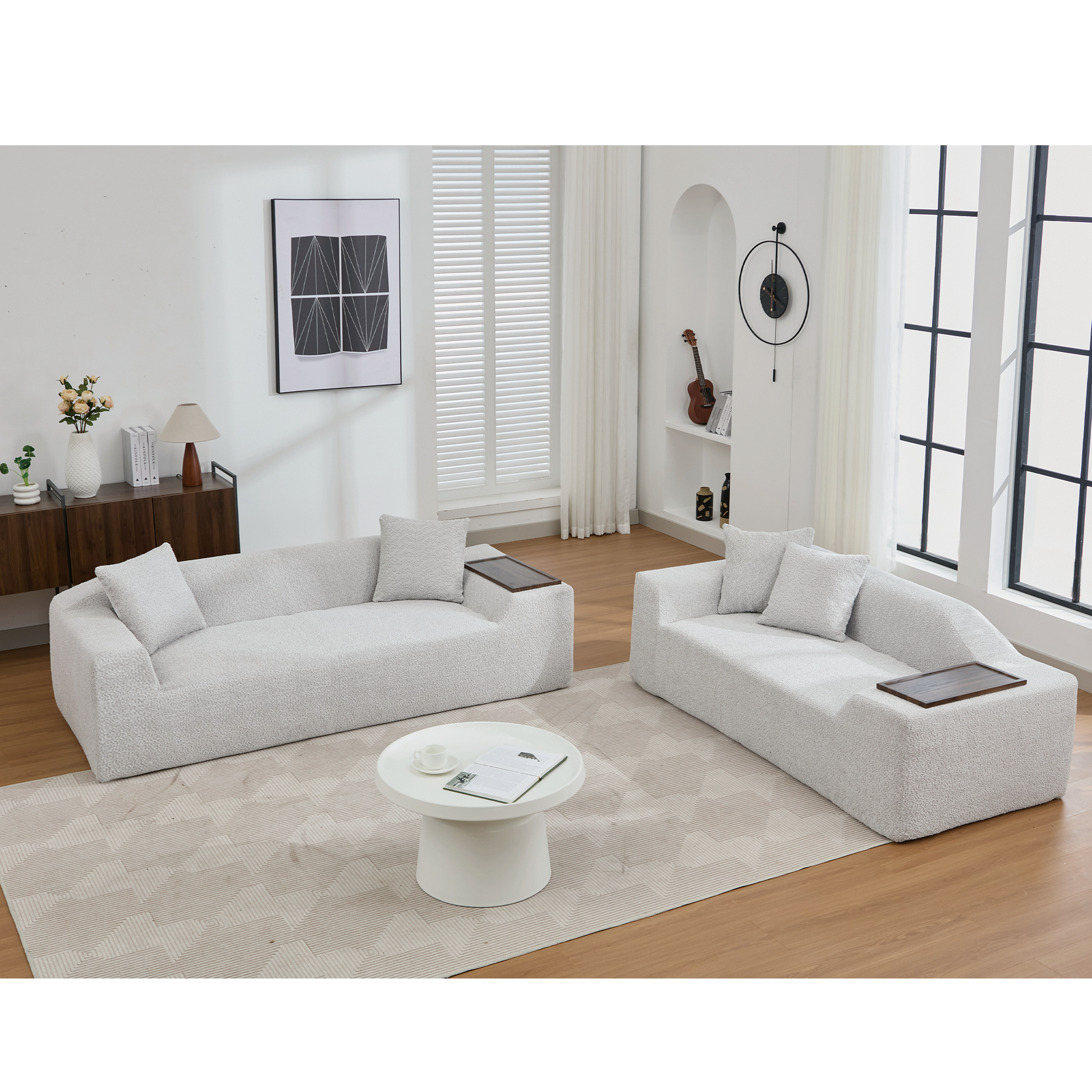 Arrived 2 Piece Boucle Cloud Sofa Set, Upholstered Sofa Set, Modern 3 Seater And 2 Seater Sofa With Mdf End Table For Living Room ,Apartment,3 2 Couch,Boucle, Light Gray Light Gray Polyester Primary Living Space Soft Tight Back Modern Square Arms Foam