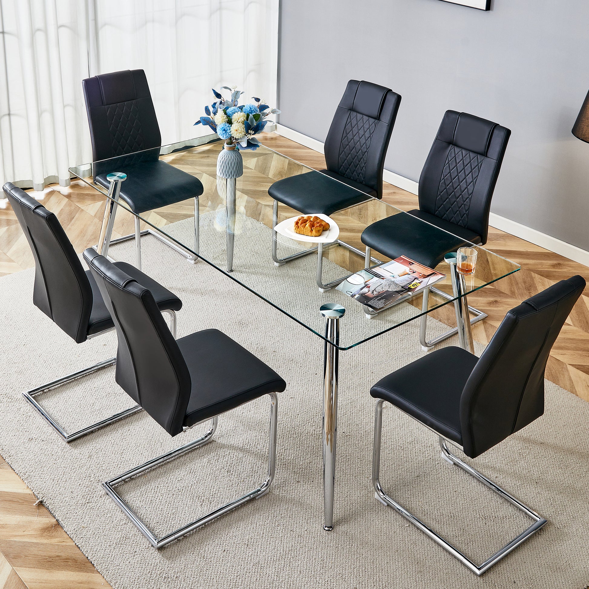 Table And Chair Set.Modern Rectangular Glass Dining Table With A Tempered Glass Tabletop And Silver Metal Legs, Paired With Multiple Chairs Designed With Pu Cushions And Silver Metal Legs. Black Silver Seats 6 Tempered Glass