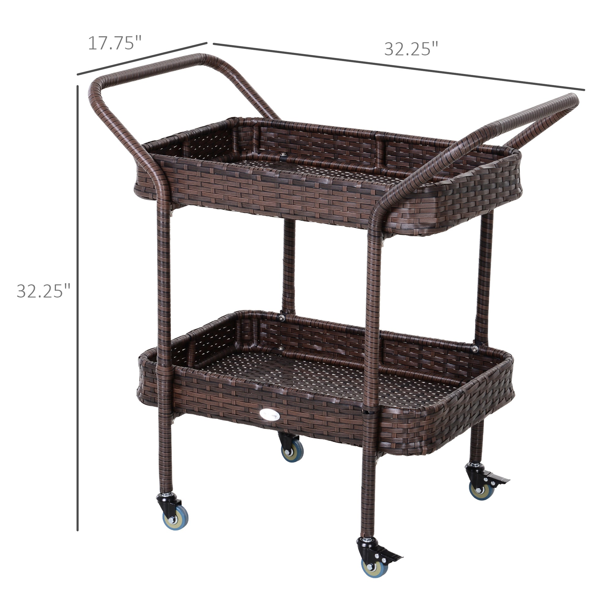 Outsunny Rattan Wicker Serving Cart With 2 Tier Open Shelf, Outdoor Wheeled Bar Cart With Brakes For Poolside, Garden, Patio Brown Steel