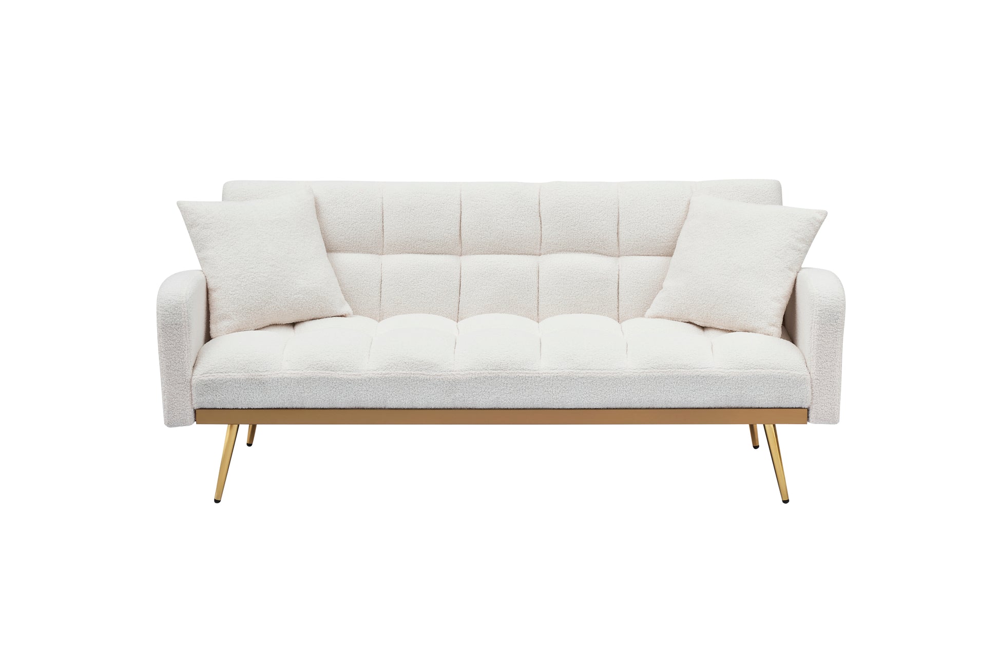 69 Inch Beige Sofa Bed With Adjustable Sofa Teddy Fleece 2 Throw Pillows Beige Fabric 2 Seat