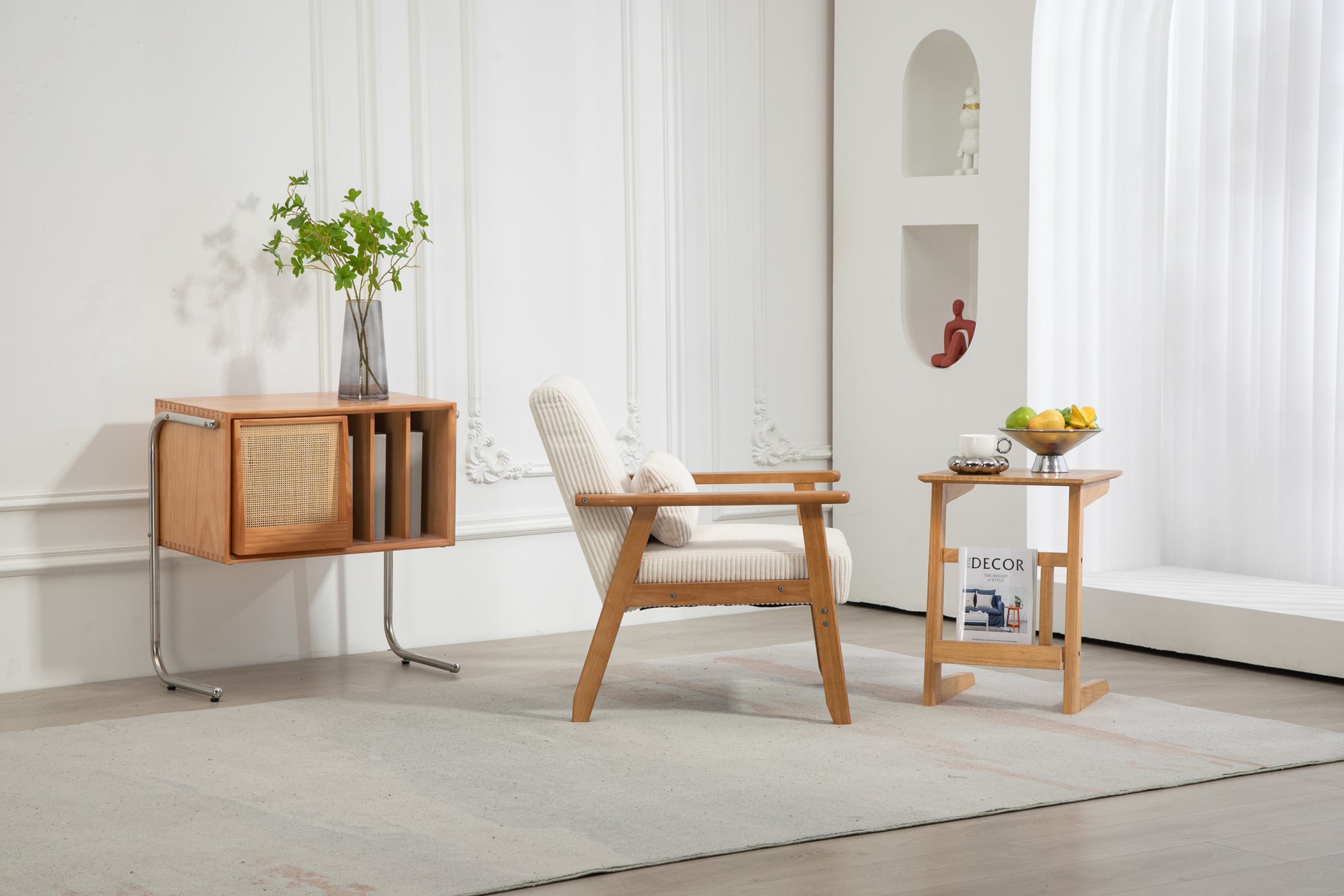 Leisure Chair With Solid Wood Armrest And Feet, Leisure Chair, Wood Frame, Velvet, L, Solid Rubber Wood Legs, Mid Century Modern Accent Chair, For Living Room Bedroom Studio Chair Beige Corduroy