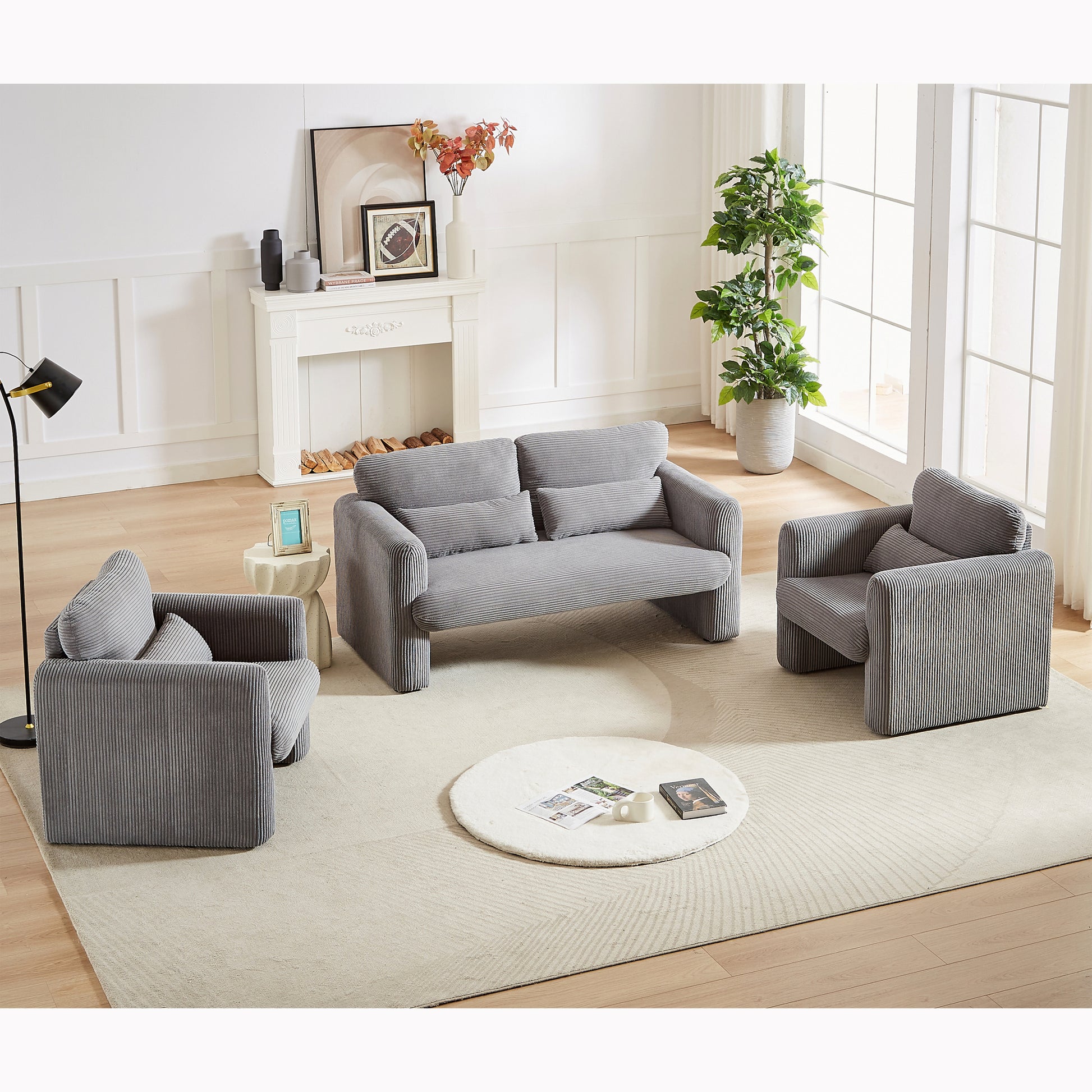 60"Corduroy Fabric Sofa With Two 33" Single Sofa, Modern Sofa With Support Pillow, For Apartment, Office, Living Room & Bedroom Grey Corduroy 4 Seat