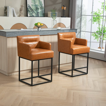 Coolmore Counter Height Bar Stools Set Of 2, Modern Barrel Bar Stool With Backrest And Arms, Black Metal Frames, Upholstered Bar Stools For Kitchen Island, Pub, Club Light Brown Foam Pu Leather