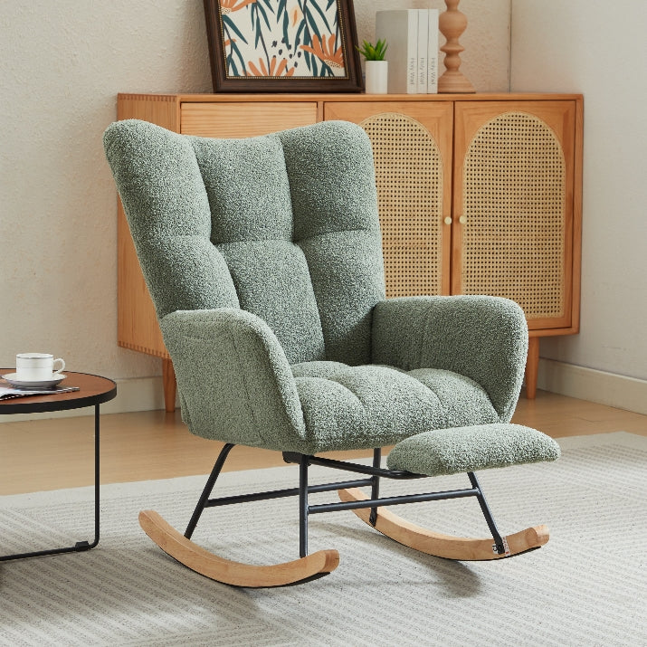 Modern Nursery Rocking Chair, Upholstered Glider Chair With High Backrest, Rocker Accent Armchair With Solid Wood Legs For Nursery Bedroom Living Room Green Green Teddy