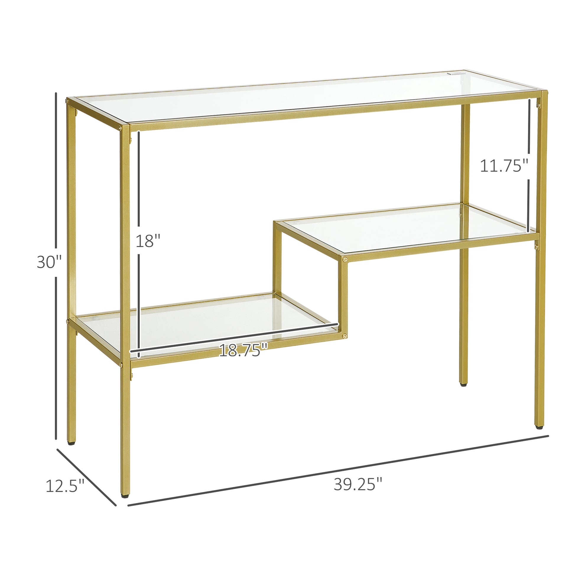 Homcom Gold Console Table, 39" Tempered Glass Behind Sofa Table, Narrow Entryway Table With Storage Shelves, Steel Frame For Living Room Furniture, Hallway Furniture, Glass Table Gold Glass Metal
