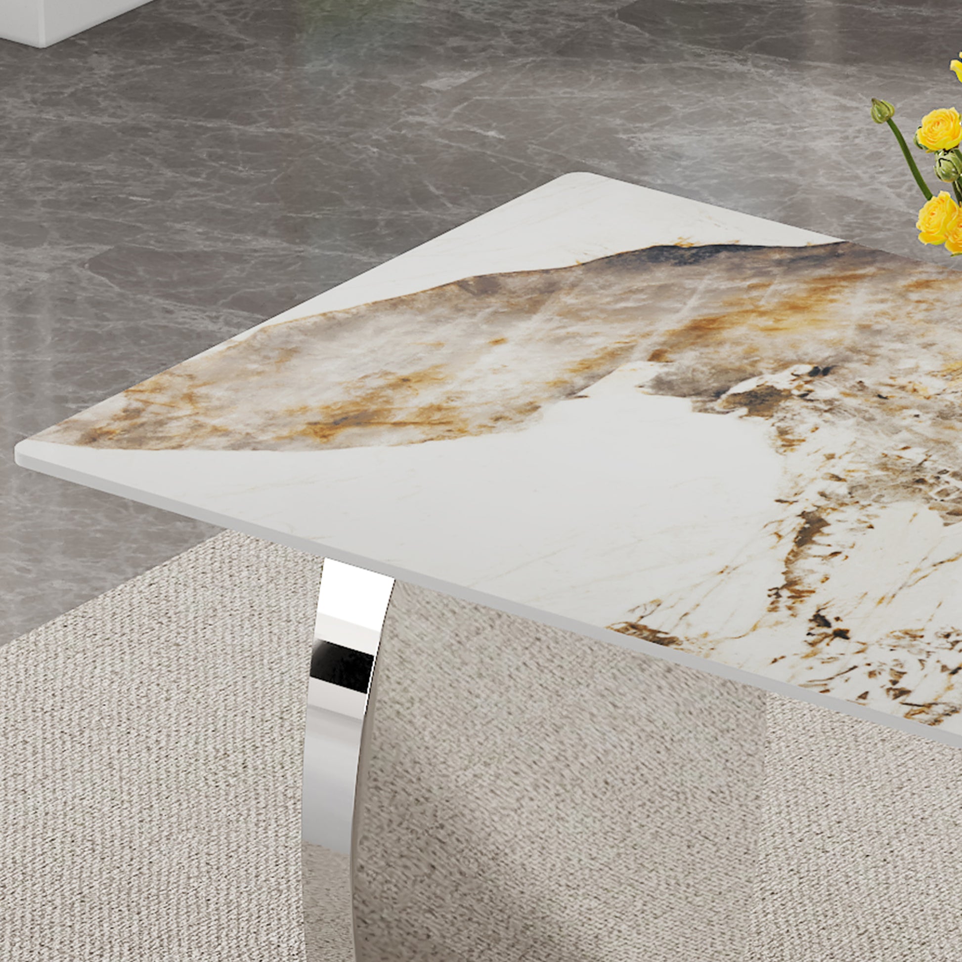 Modern Rectangular Dining Table, Imitation Marbled Rock Plate Table Top, Stainless Steel Table Legs, Suitable For Kitchen, Dining Room, Living Room 63 Inches * 31.4 Inches. Silver Sintered Stone